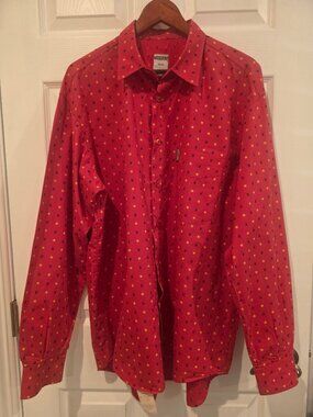 ‘90s Moschino Men’s Long Sleeve Red Shirt with “M & Gold Star” Print - XL